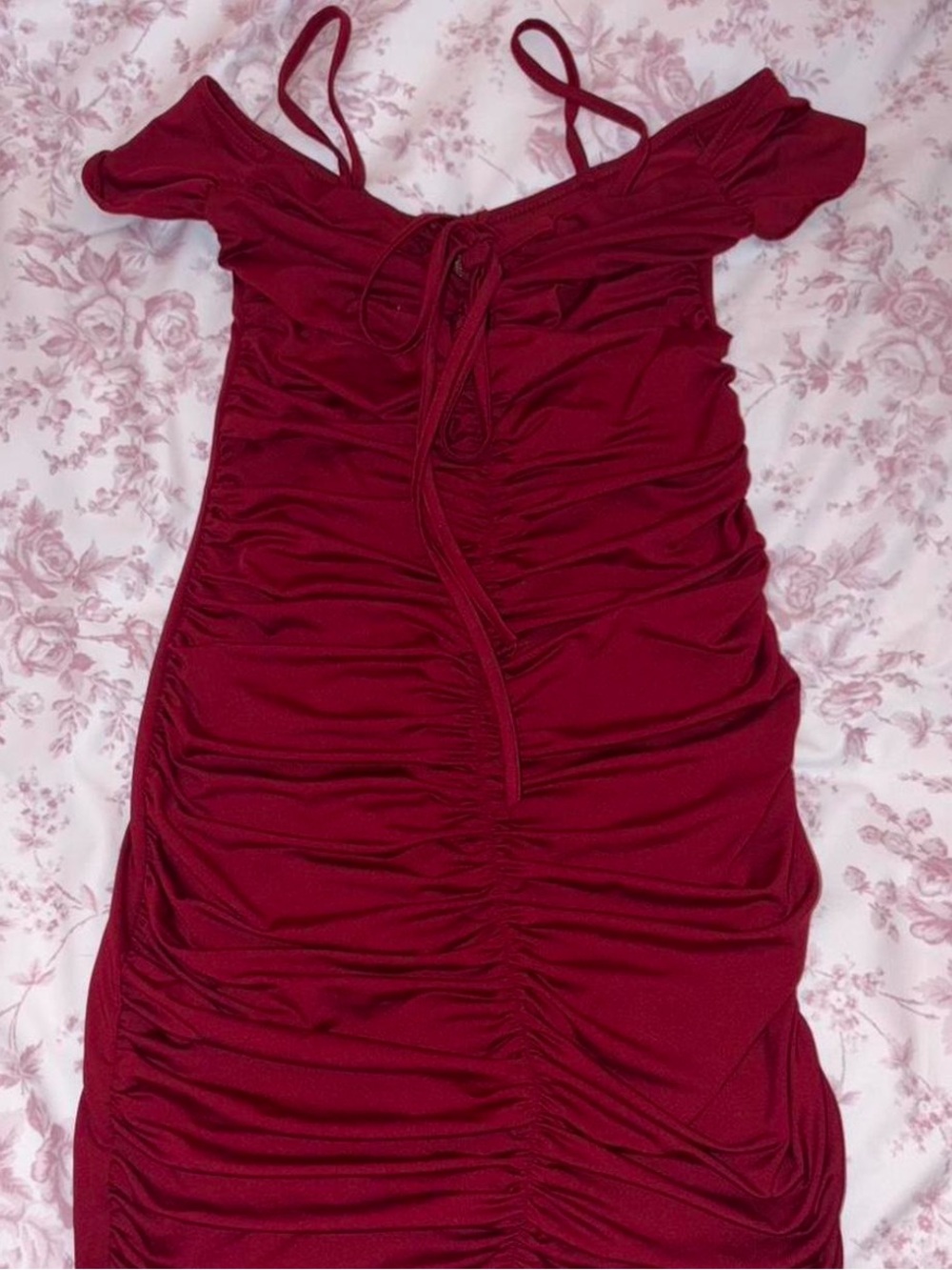 Deep red ruched off the shoulder dress
